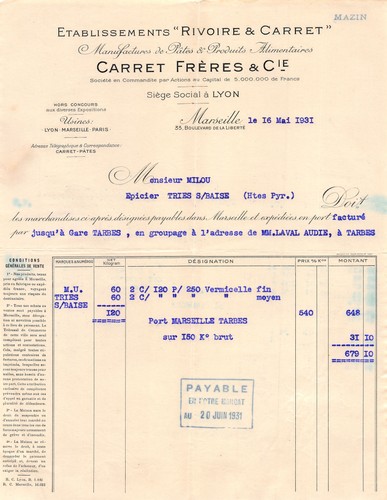 Facture 1931 ets rivoire - ,